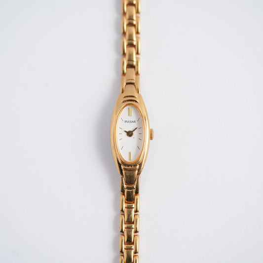 Pulsar V220-X017 Oval White Dial Gold Tone Watch